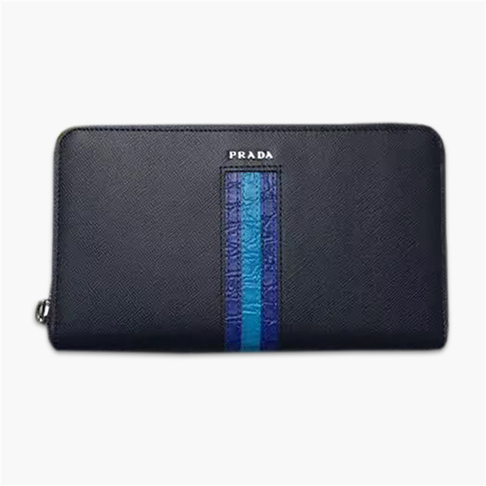 【原版皮】普拉达/Prada 拉链钱夹，选用十字纹小牛皮镶嵌彩带鳄鱼纹裁制而成，经典之作，简单时尚，款号：2ML188