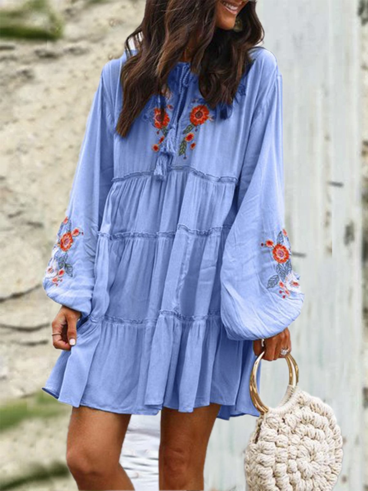 Plus Size Long Sleeve  Floral  Tassel Charm  Elegant Casual  Mini  Dresses