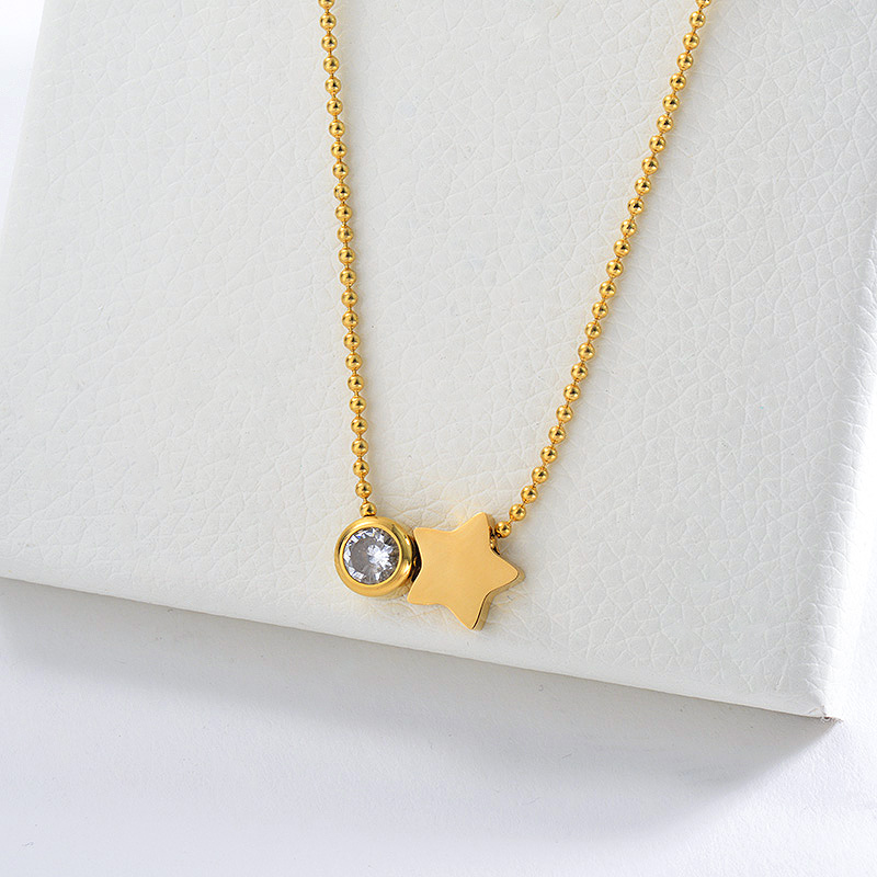 18K Gold Star Charm With Zirconia Necklace For Women