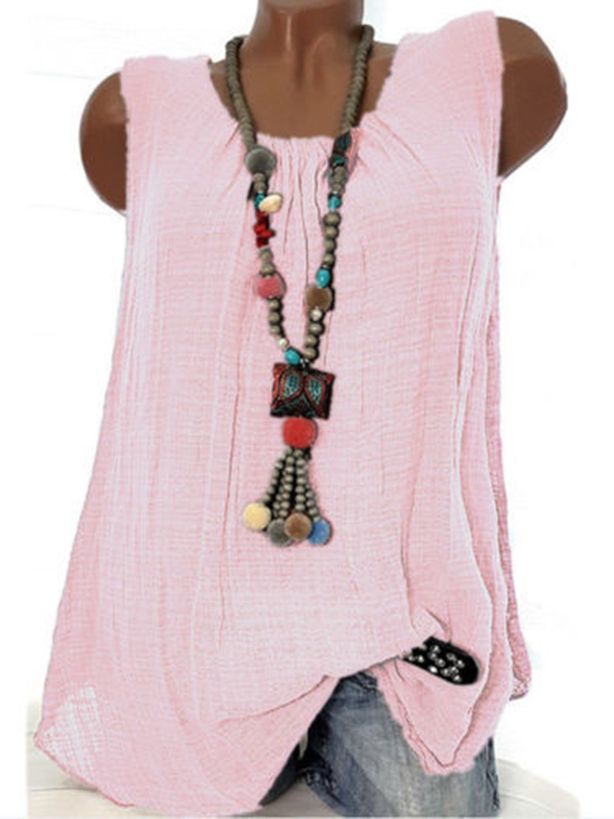 Women  Linen Causal Tops Round Neck Solid  Sleeveless Tanks