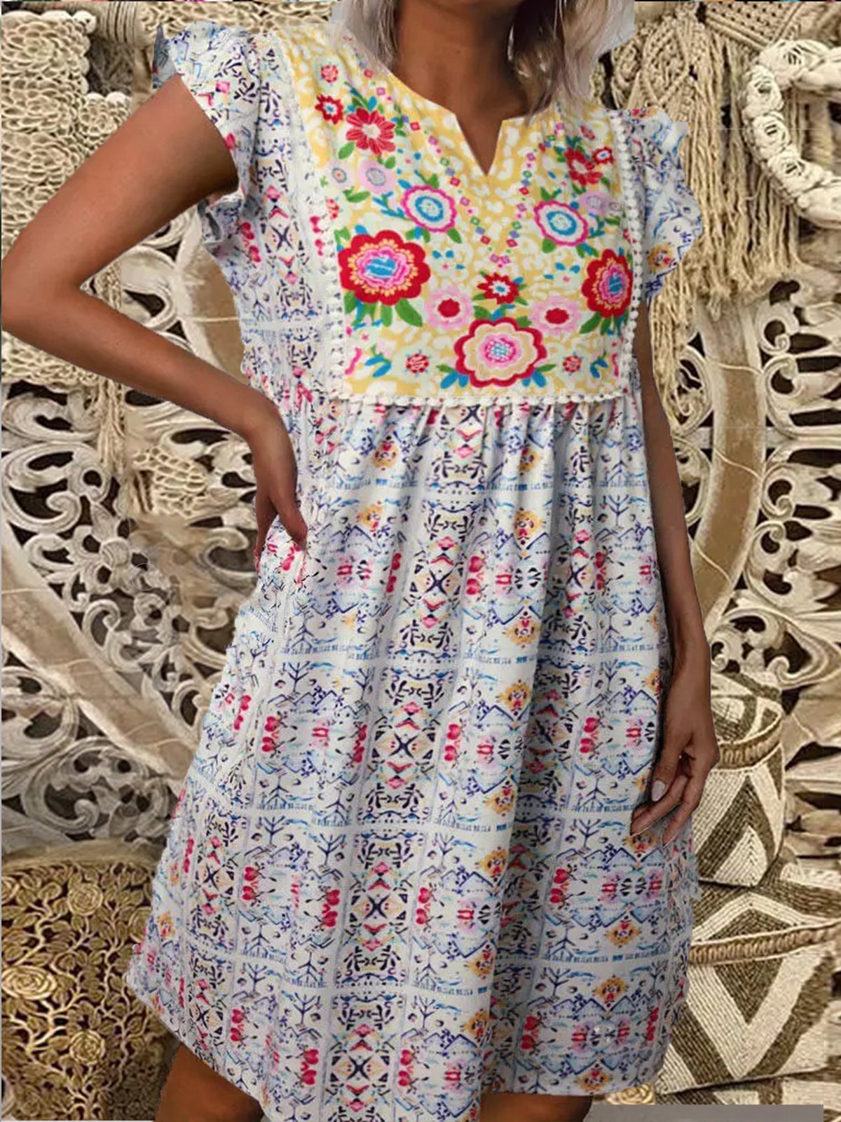 Casual Short Sleeve V Neck Floral Dresses