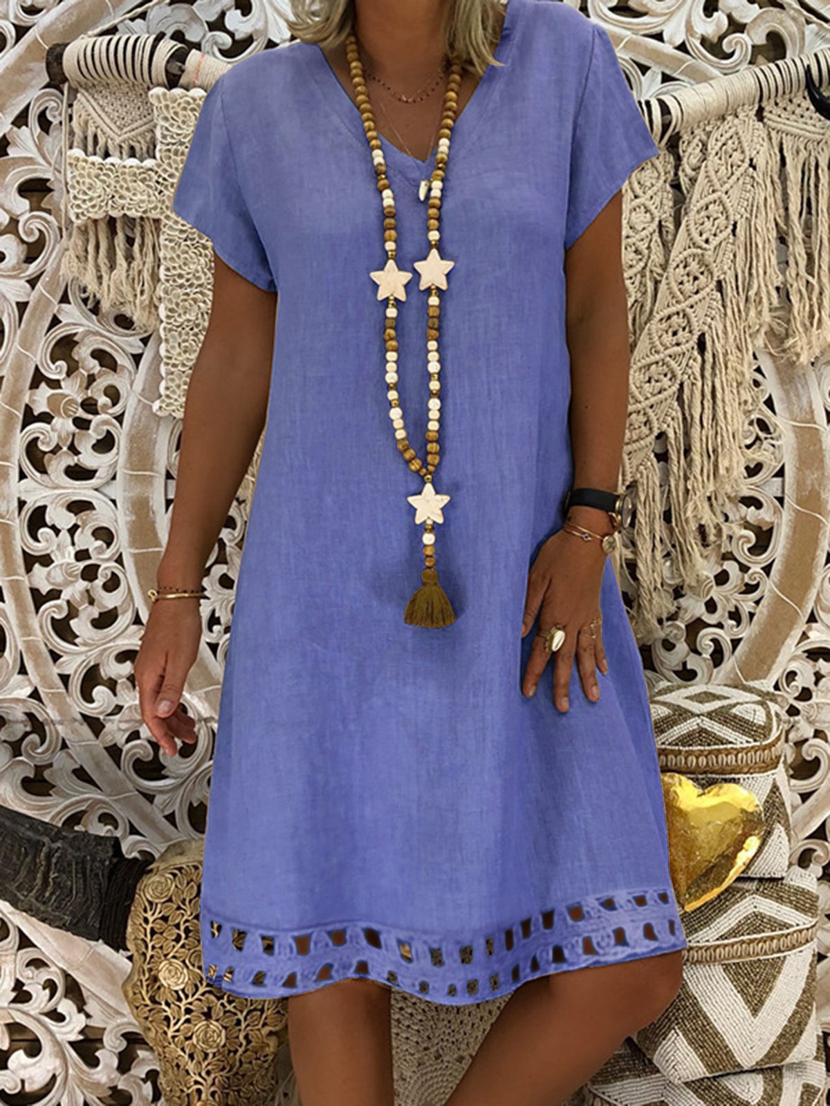 Hollow Cotton-Blend A-Line Casual Short Sleeve Dresses