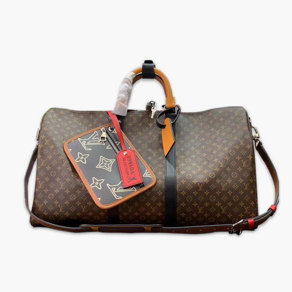 【原版皮】路易威登/LV Keepall 50旅行袋，Monogram Eclipse帆布包身搭配卷标和点缀Monogram图案的可拆卸拉链袋，机舱行李尺寸，内含充裕空间，与绅士优雅随行，款号：M56855