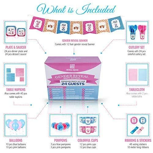 Reveal Squad Gender Reveal Party Supplies Kit Baby Boy or Girl Decorations and Tableware Set