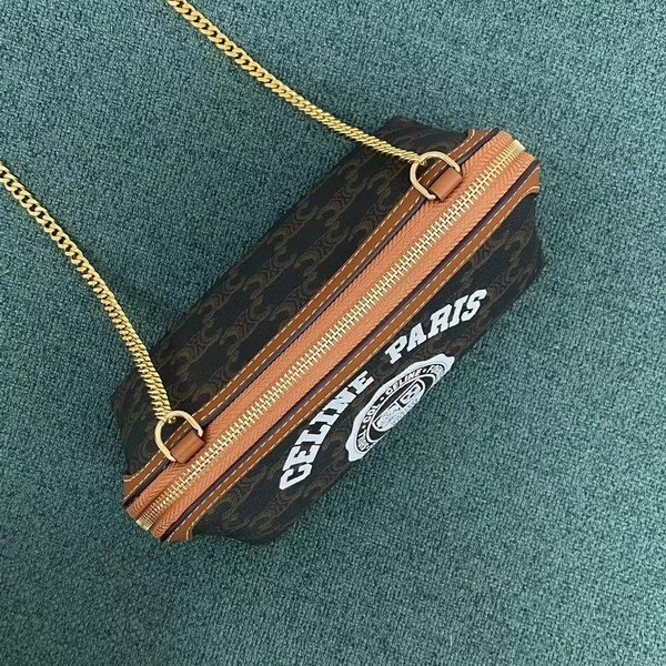 【原版皮】赛琳/Celine 老花系链条包，TRIOMPHE帆布混搭羊皮，整个包以凯旋门标志为主，包边以棕色为主围绕开口，焦糖棕色搭配老花添加了复古元素，款号：100382