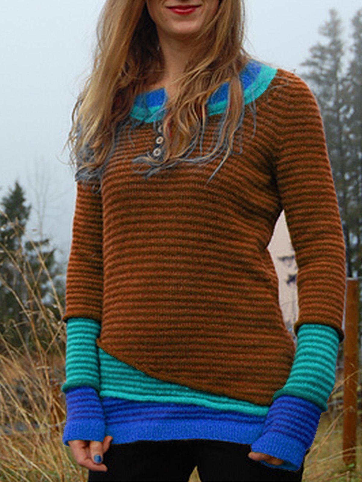 Striped Paneled Casual Crew Neck Women's Sweaters