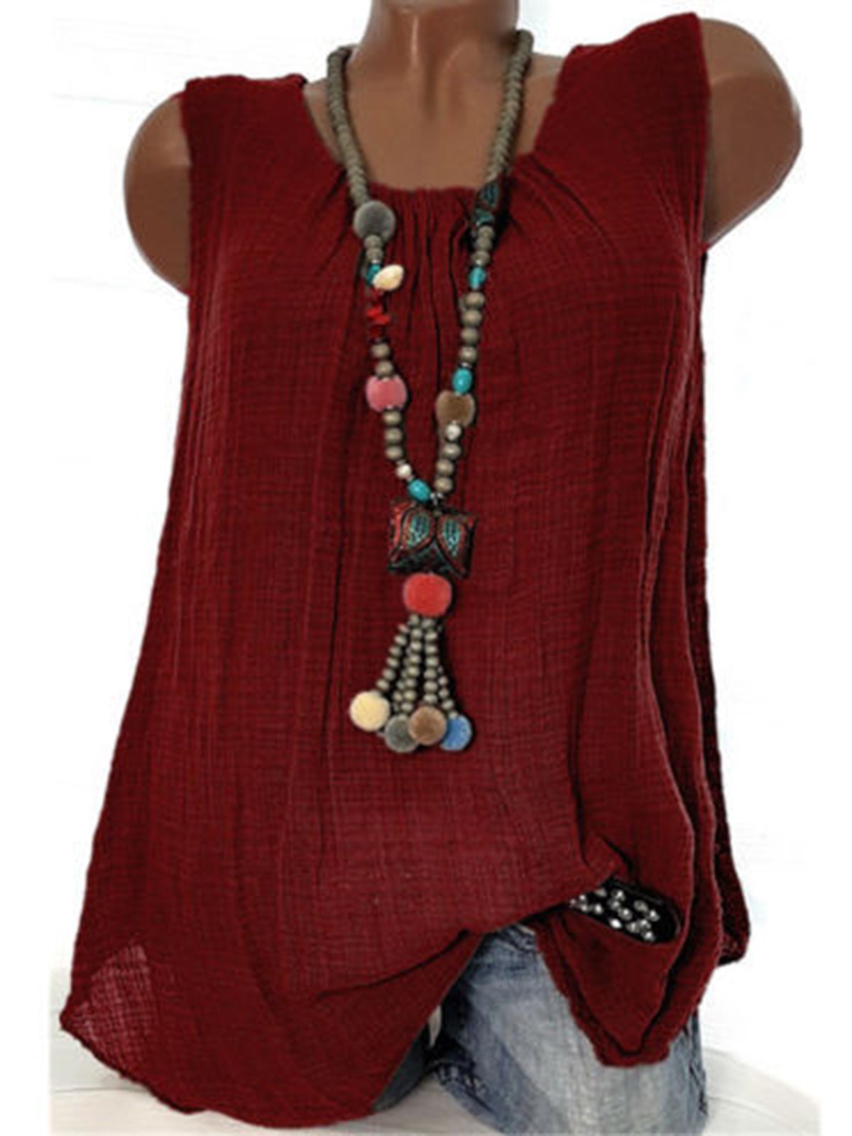 Women  Linen Causal Tops Round Neck Solid  Sleeveless Tanks