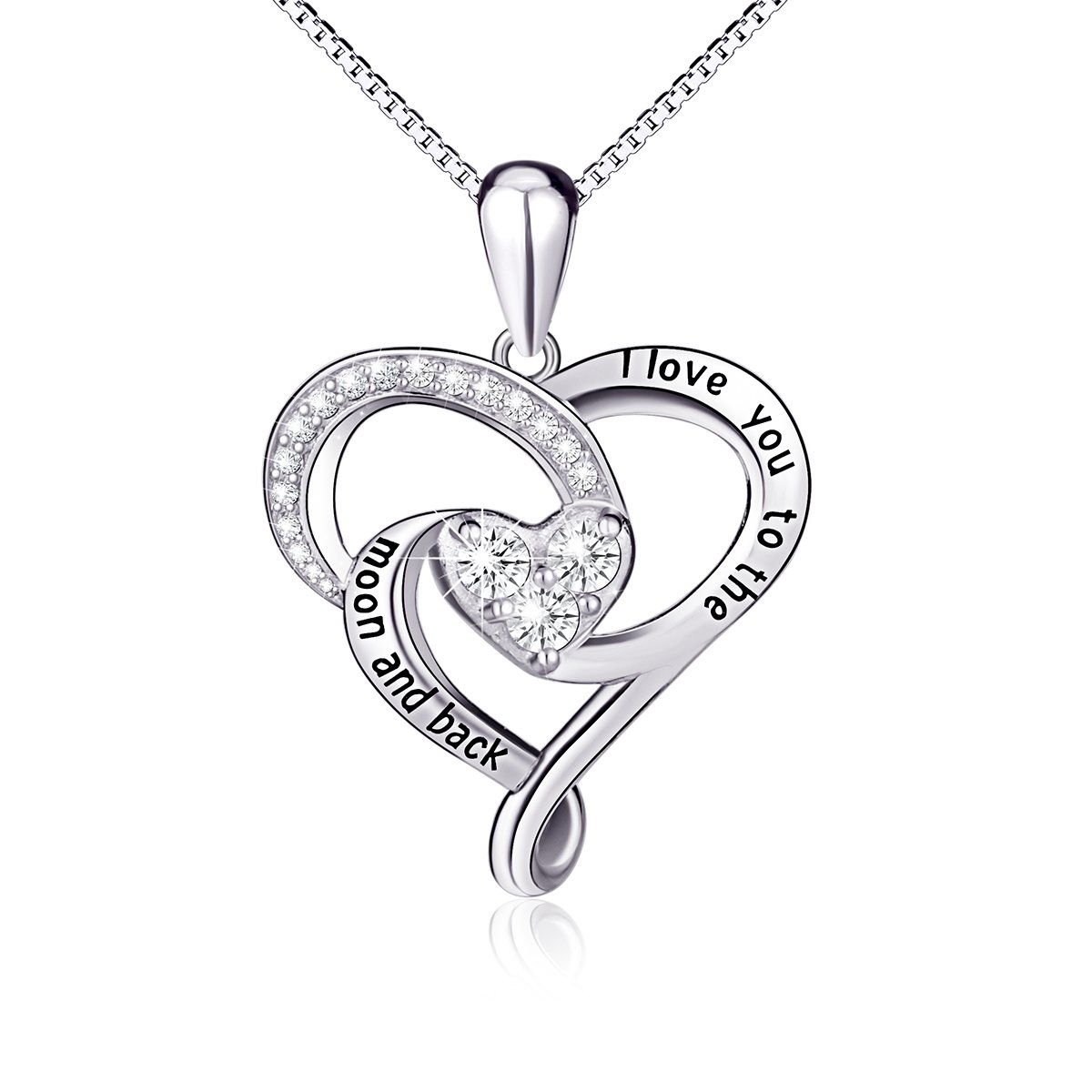 925 Sterling Silver Jewelry I Love You To The Moon and Back Love Heart Pendant Necklace
