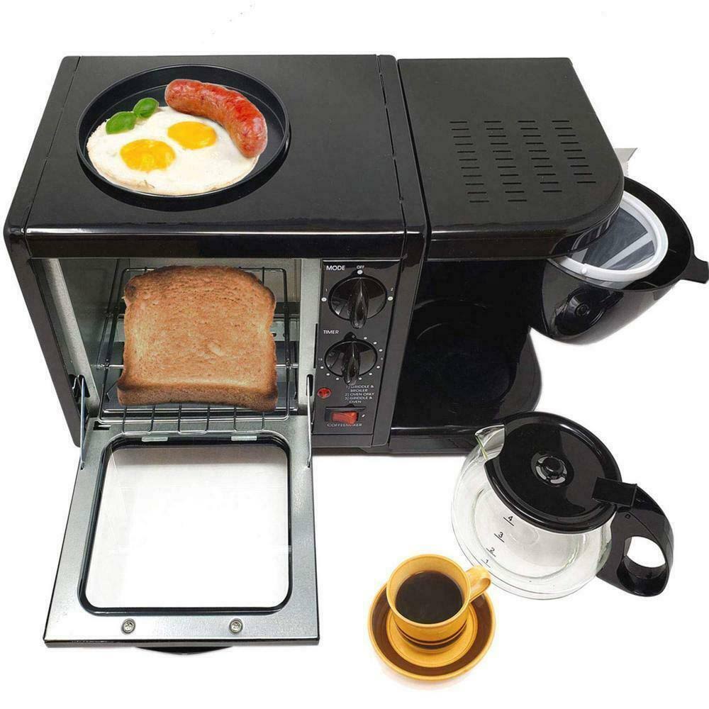 3-in-1 Stainless Steel Black Breakfast Maker Station Hub Toaster Oven - New (hd)