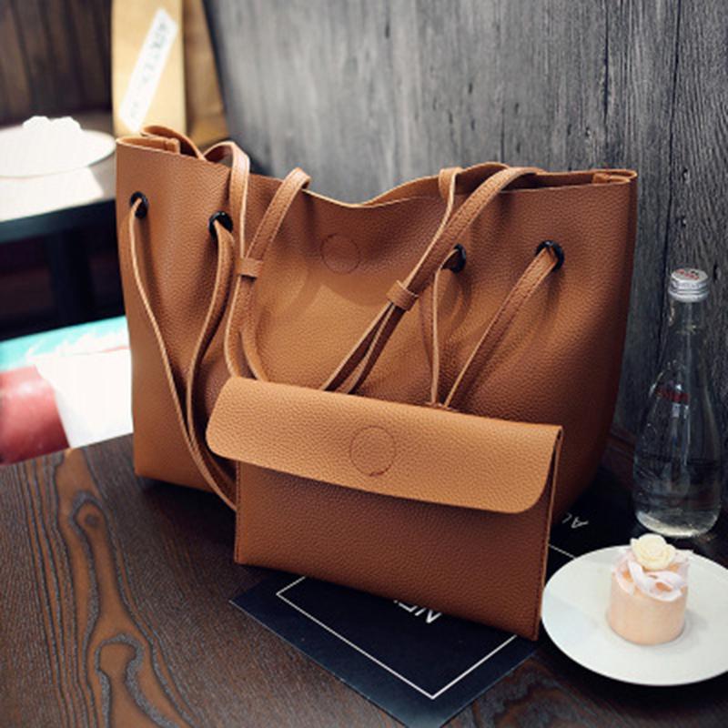 Women 2PCS High Capacity  PU Shoulder Bag with Mini Clutch Purse