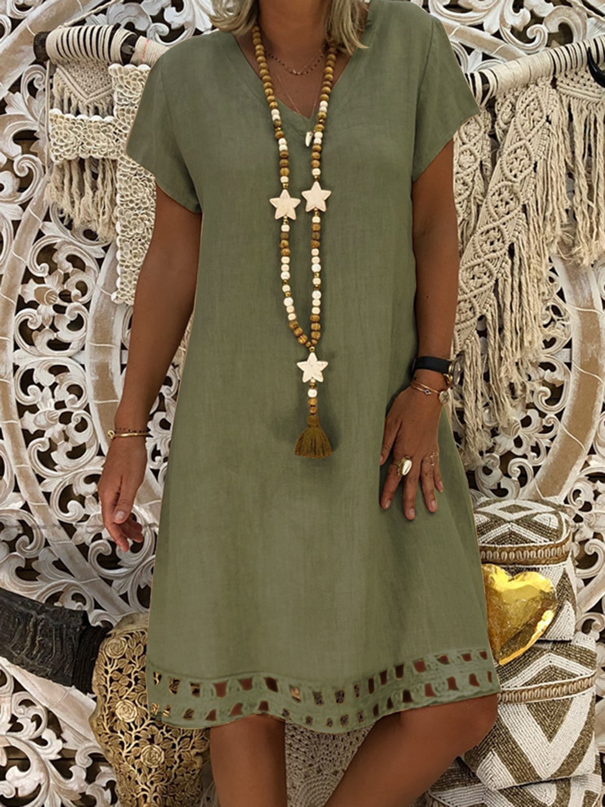 Hollow Cotton-Blend A-Line Casual Short Sleeve Dresses