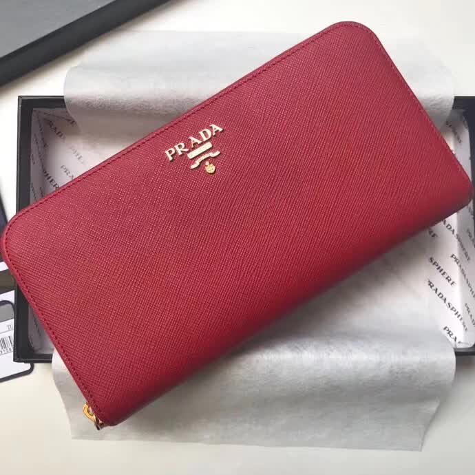 【原版皮】普拉达/Prada 拉链钱夹，选用十字纹小牛皮裁制而成，正面点缀金色散字徽标，尽显高档时尚，低调而又奢华，款号：1ML506