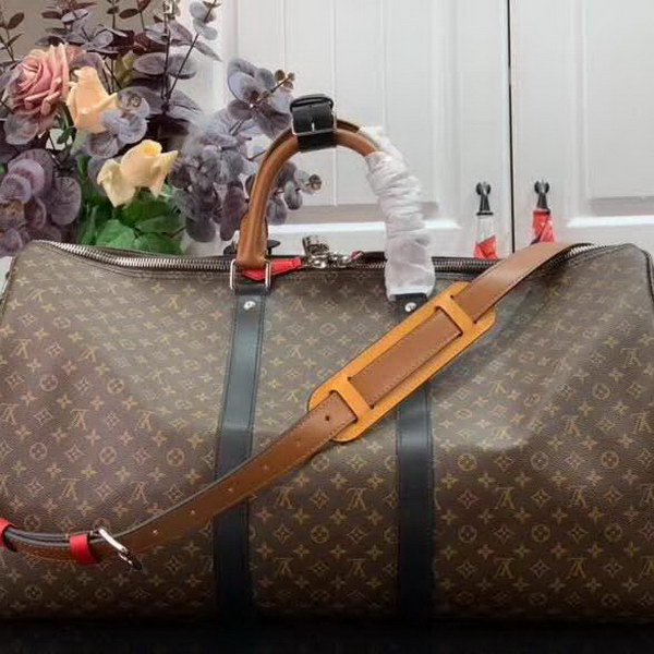 【原版皮】路易威登/LV Keepall 50旅行袋，Monogram Eclipse帆布包身搭配卷标和点缀Monogram图案的可拆卸拉链袋，机舱行李尺寸，内含充裕空间，与绅士优雅随行，款号：M56855