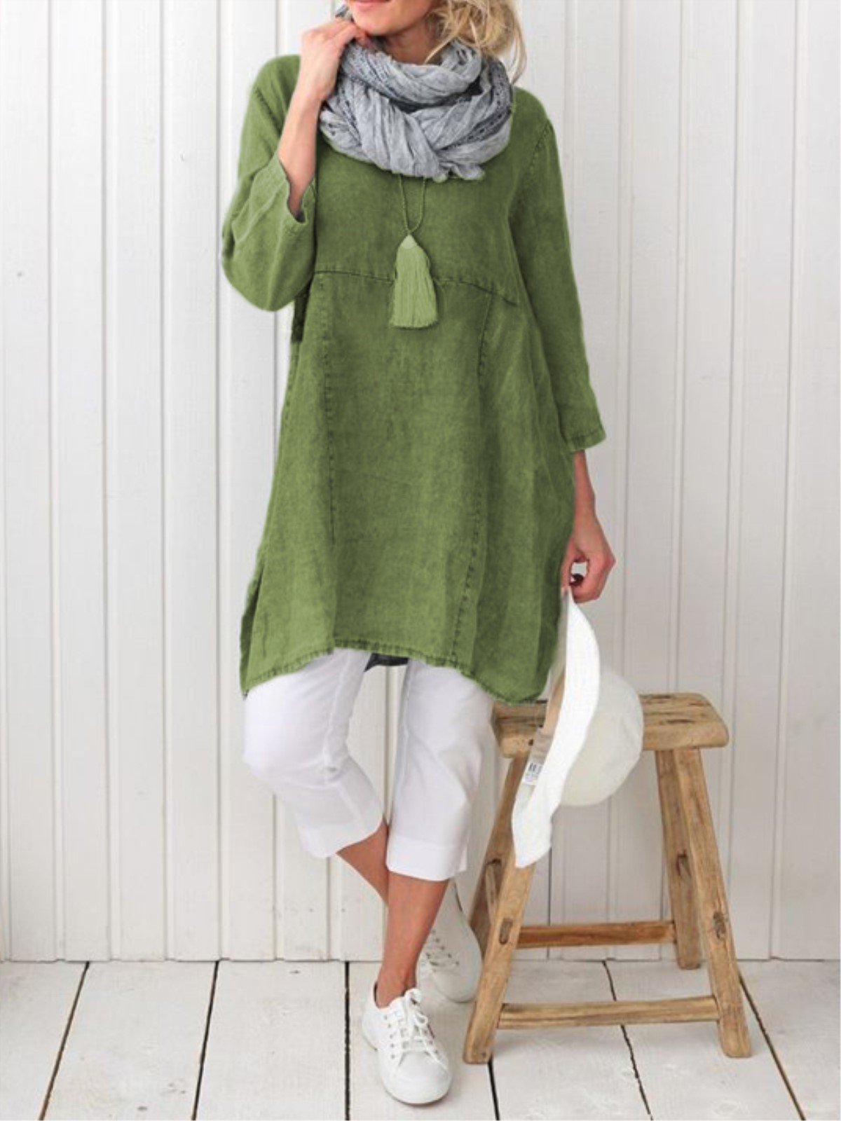 Plus Size Casual Plain Long Sleeve Linen Dress