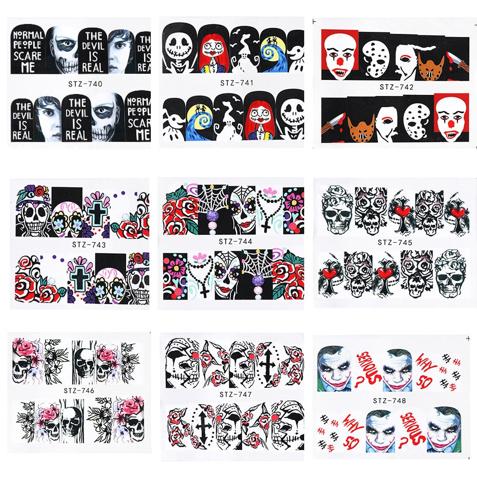 25 sheets Halloween New Nail Art Sticker Flower Bone Lips Eyes Tattoo Horror Design Decals