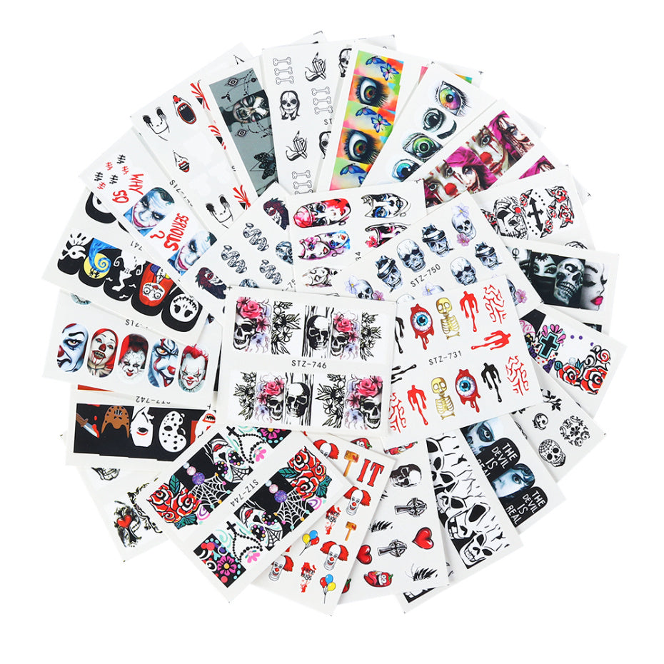 25 sheets Halloween New Nail Art Sticker Flower Bone Lips Eyes Tattoo Horror Design Decals