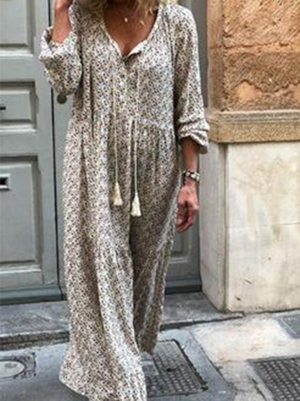 Women Shift Boho Floral Maxi Dresses Long Sleeve V Neck Daily Dresses