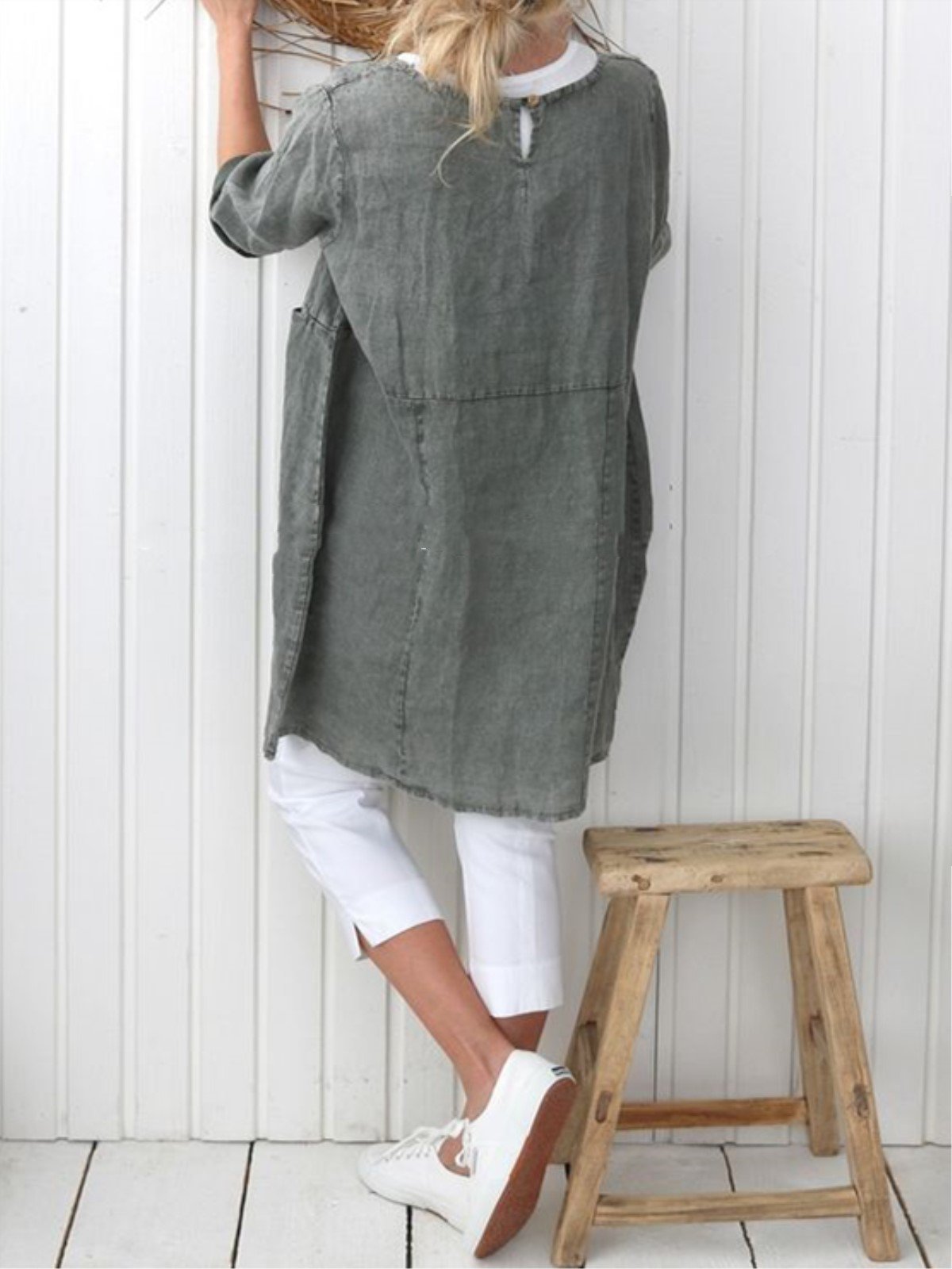 Plus Size Casual Plain Long Sleeve Linen Dress