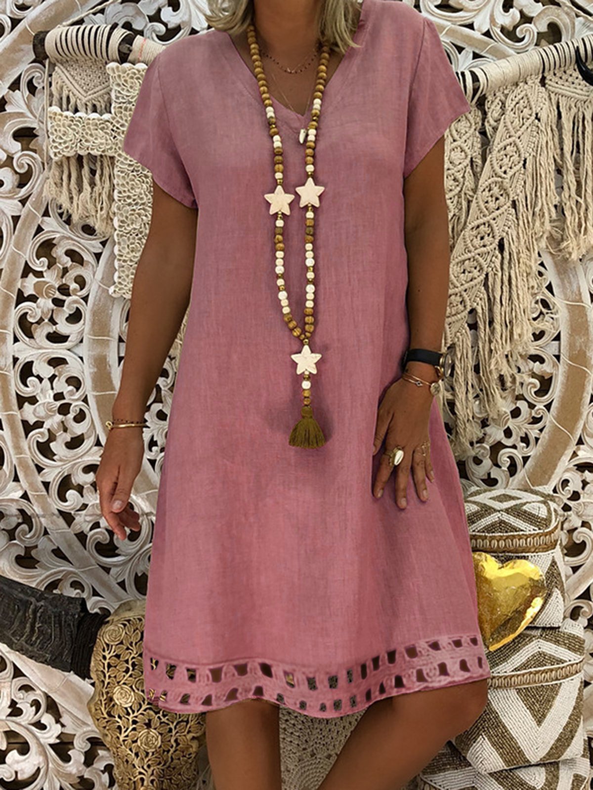 Hollow Cotton-Blend A-Line Casual Short Sleeve Dresses