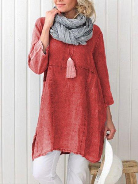 Plus Size Casual Plain Long Sleeve Linen Dress