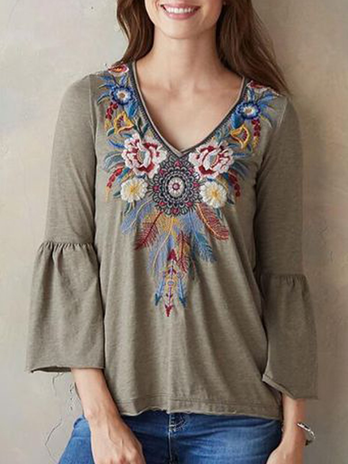 3/4 Sleeve V Neck Floral Shirts & Tops