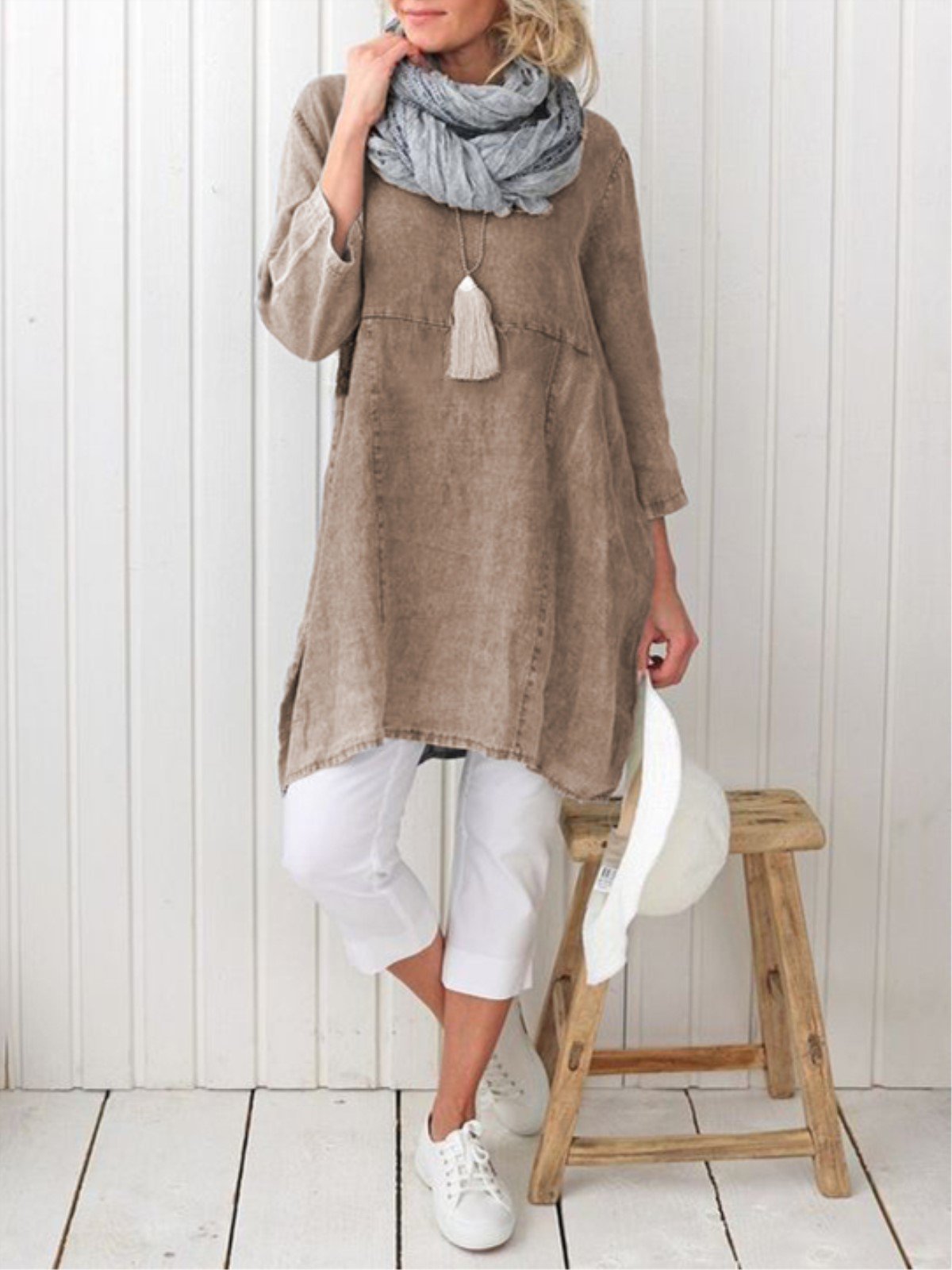 Plus Size Casual Plain Long Sleeve Linen Dress