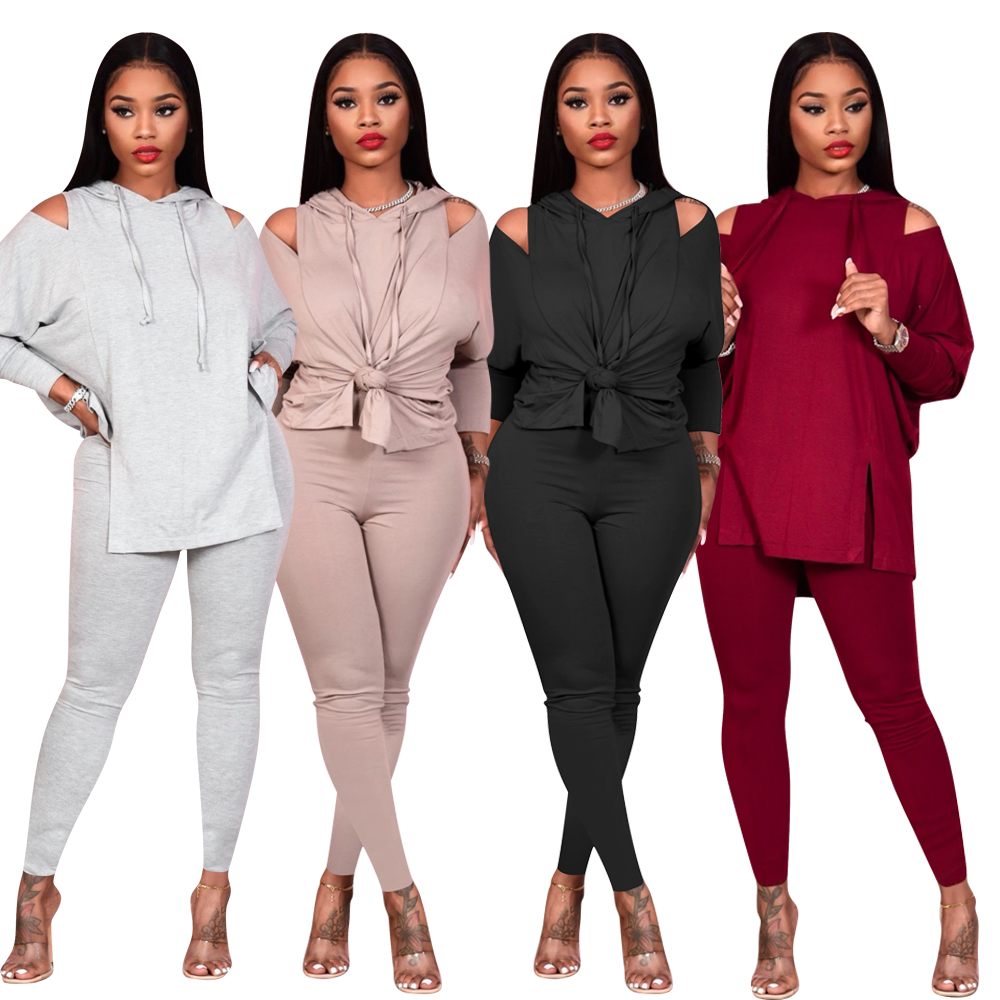 Autumn Solid Plain Cut Out Hoody Shirt and Pants Set