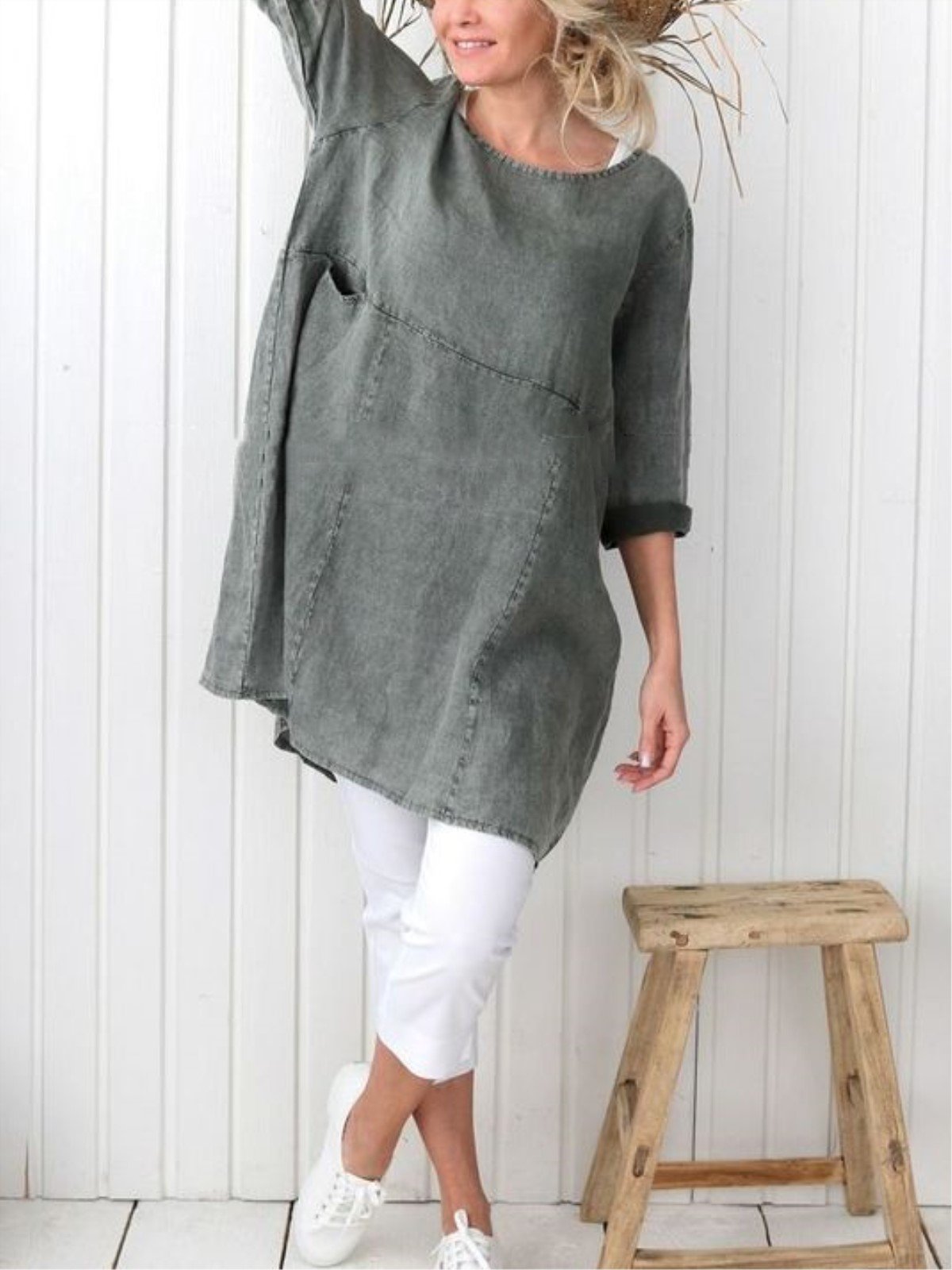 Plus Size Casual Plain Long Sleeve Linen Dress