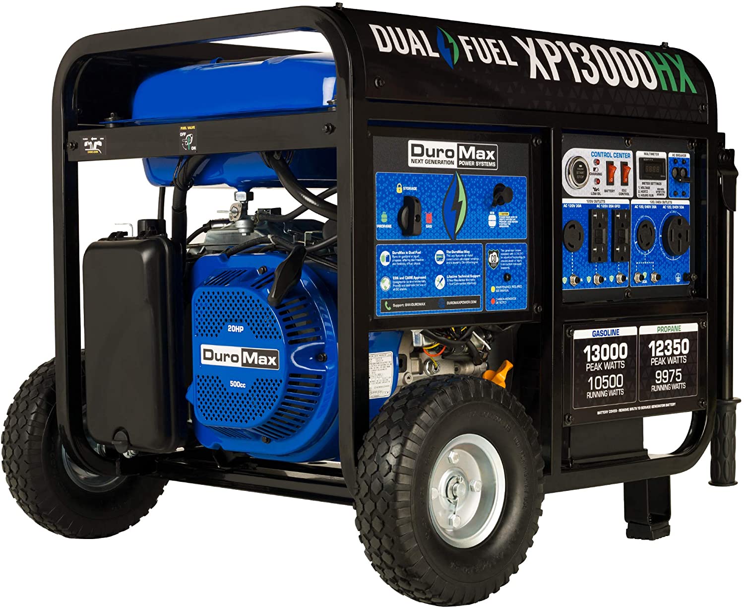 DuroMax XP13000HX Dual Fuel Portable Generator-13000 Watt Gas or Propane Powered Electric Start w/CO Alert, 50 State Approved, Blue