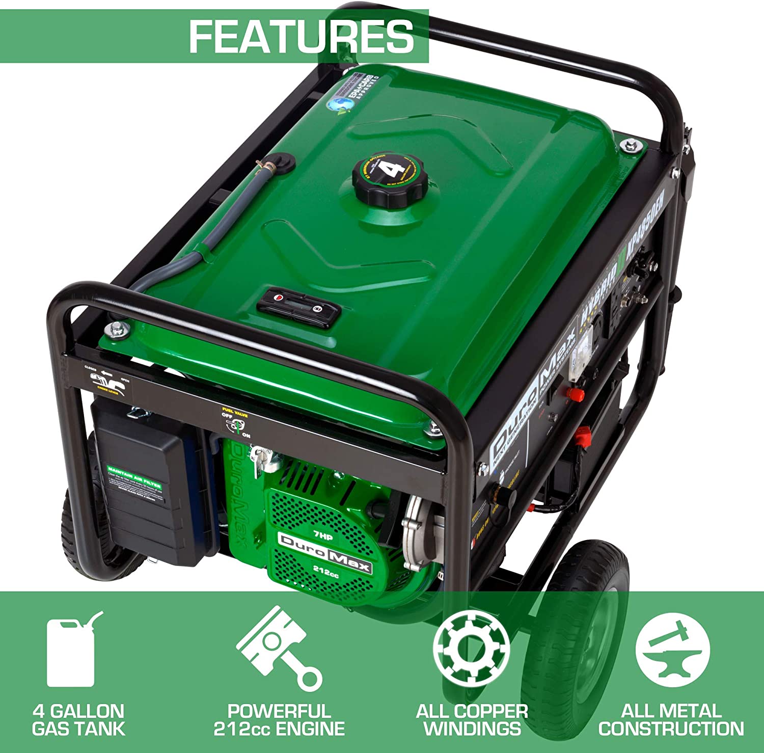 DuroMax XP4850EH Generator-4850 Watt Gas or Propane Powered-Electric Start-Camping & RV Ready, 50 State Approved Dual Fuel Portable Generator, Green