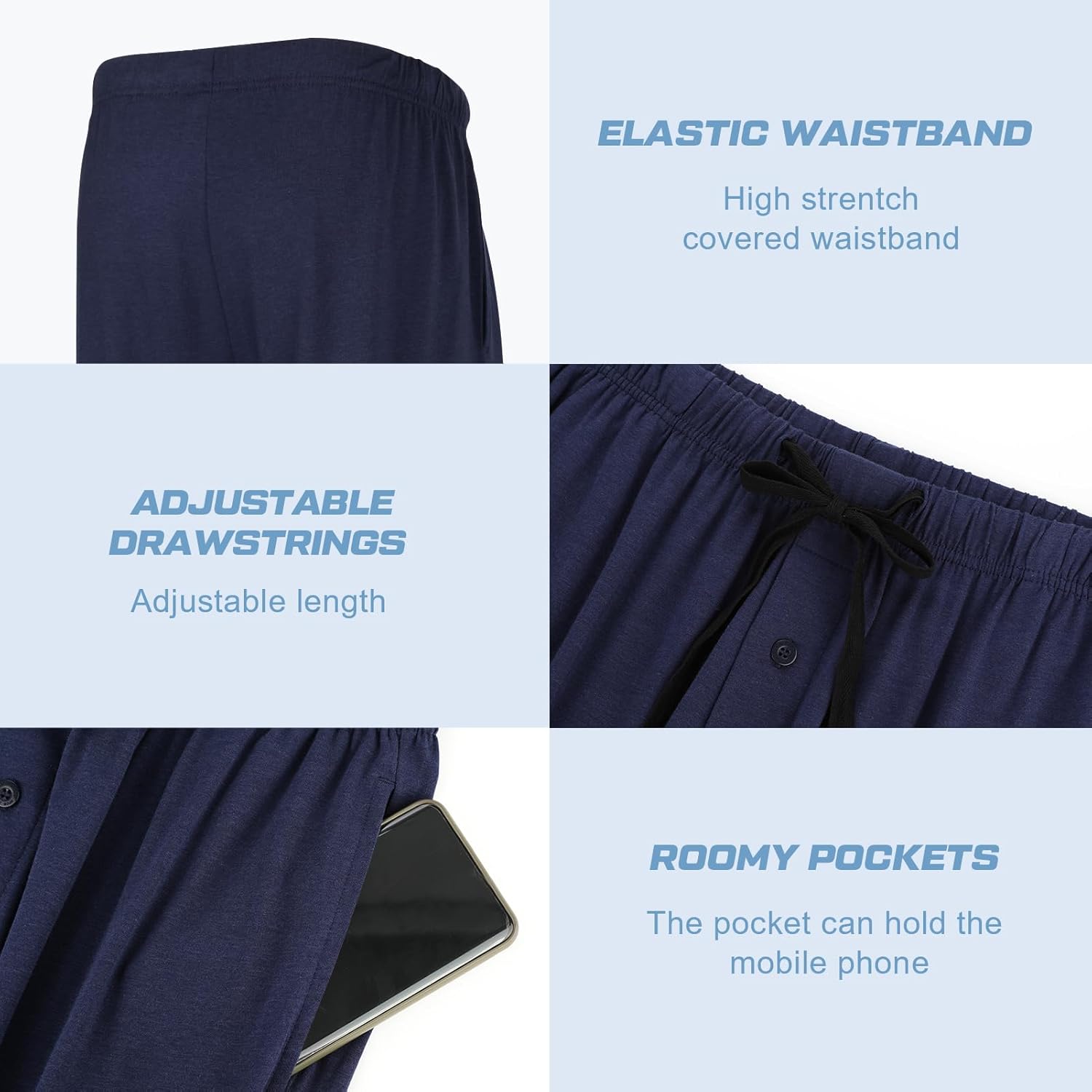 BAMBOO COOL Mens Pajama Pants Sleep Lounge Bottoms Soft Comfy Pj Pant Sleepwear with Pockets 2 Pack