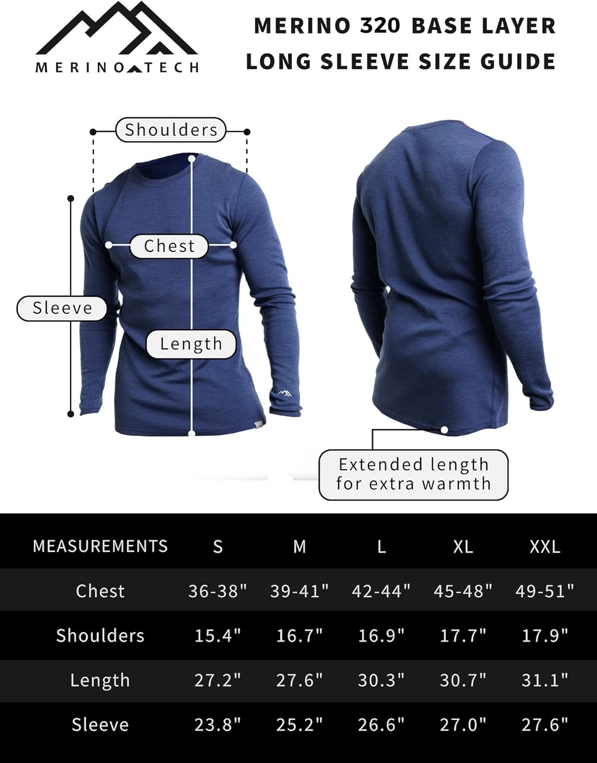 Merino.tech Merino Wool Base Layer - Mens 100% Merino Wool Long Sleeve Thermal Shirts Heavyweight, Midweight, Lite with Socks