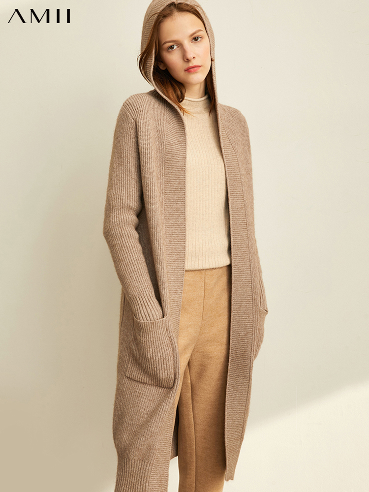 Amii Minimalism Spring Lazy Sweater Coat Women Fashion New Loose Hat Long Knitted Female Cardigan Tops 11940475