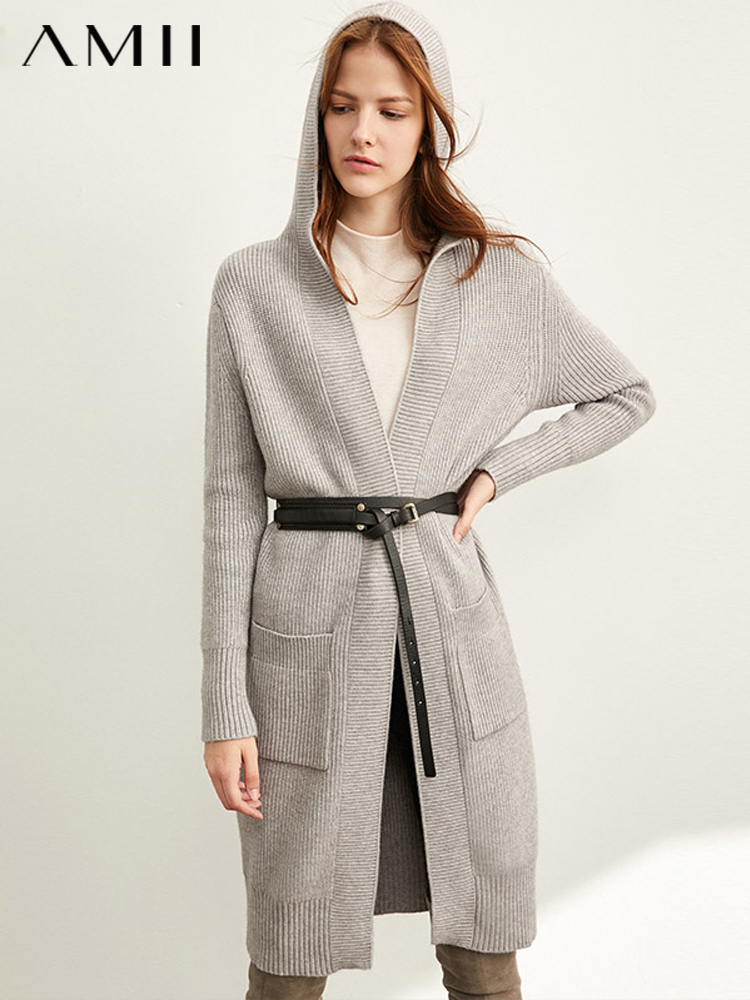 Amii Minimalism Spring Lazy Sweater Coat Women Fashion New Loose Hat Long Knitted Female Cardigan Tops 11940475